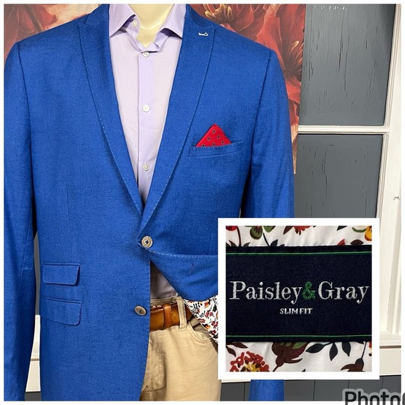 Paisley & Gray Blazer Sport Jacket Men 46R Slim Fit Polyester Blend Stretch Blue